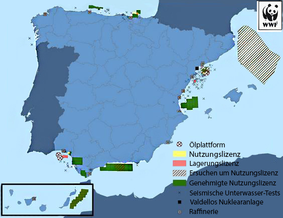 Lage spanischer Ölplattformen, aktueller, geplanter und genehmigter Nutzungslizenzen, sowie der durchgeführten seismischen Unterwasser-Untersuchungen Quelle: WWF (aus dem Spanischen übersetzt)