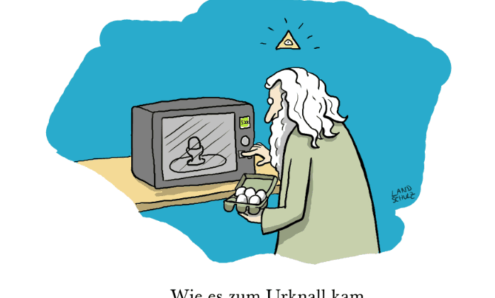 Titelbild: Urknall. Quelle: Dorthe Landschulz. Aus: Wissenschaftliche Cartoons. Holzbaum-Verlag