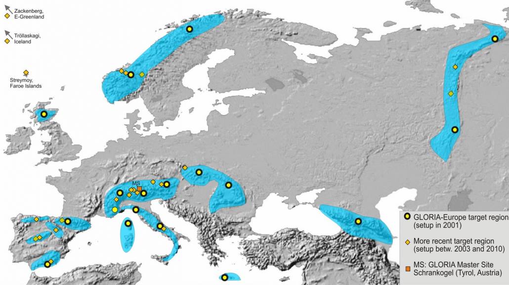 Abb.1: Europäische Gebirgsregionen mit GLORIA-Erhebungsflächen. Diejenigen 17 Regionen, die in die erste Erhebung 2001-2008 eingebunden waren sind mit schwarz umrandeten gelben Punkten gekennzeichnet. Quelle: Harald Pauli